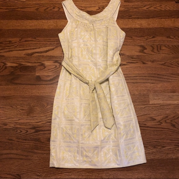 NWT! Eccoici Yellow Jacquard Sheath Dress w Waist Tie Retro Mod Party Dress - 6 - Picture 6 of 11